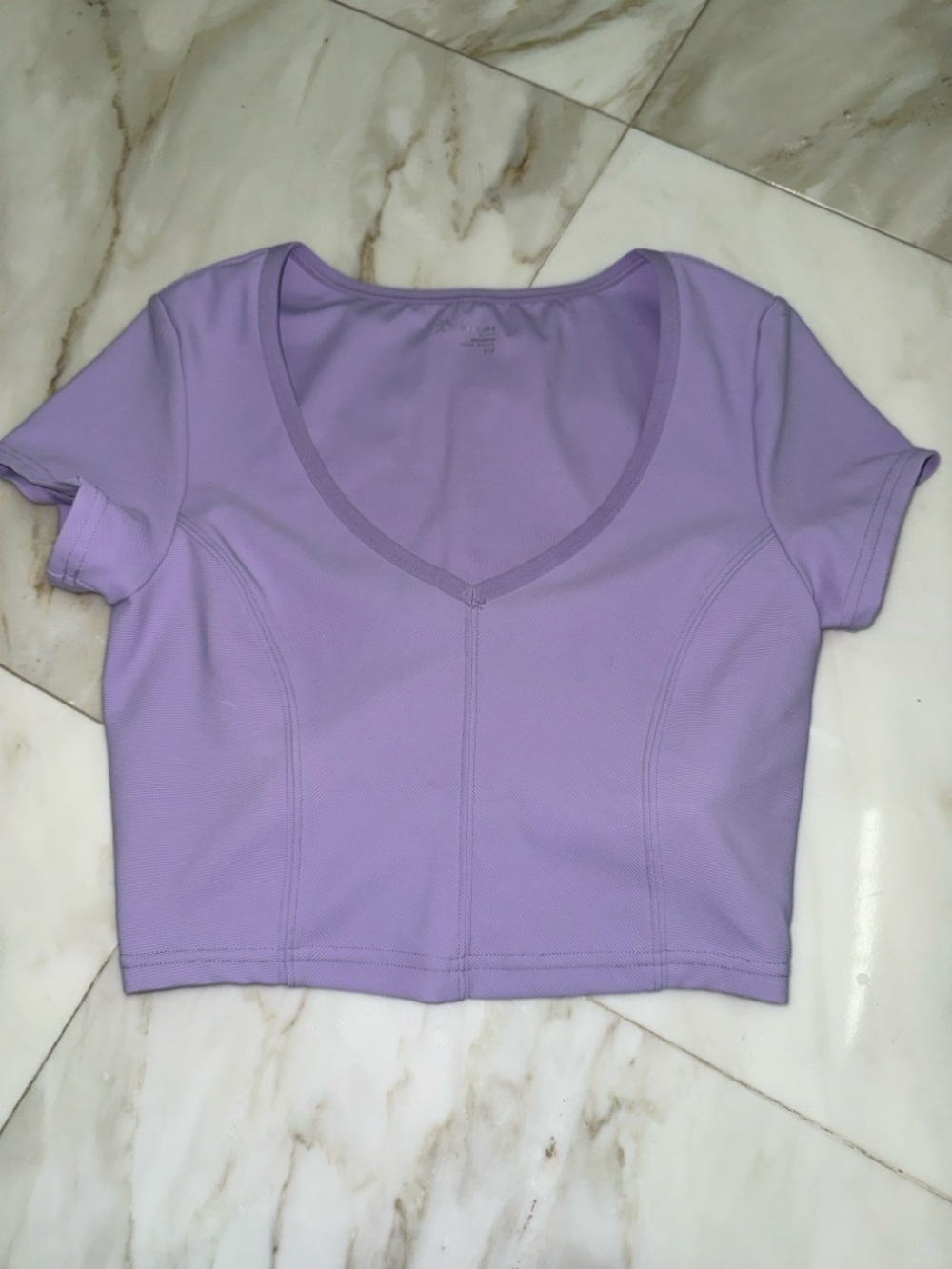 Aerie Lavender V-Neck Short Sleeve Crop Top shelf bra activewear
